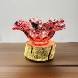 Vintage Fenton Pink Glass Compote In “Cabbage Rose Pattern”